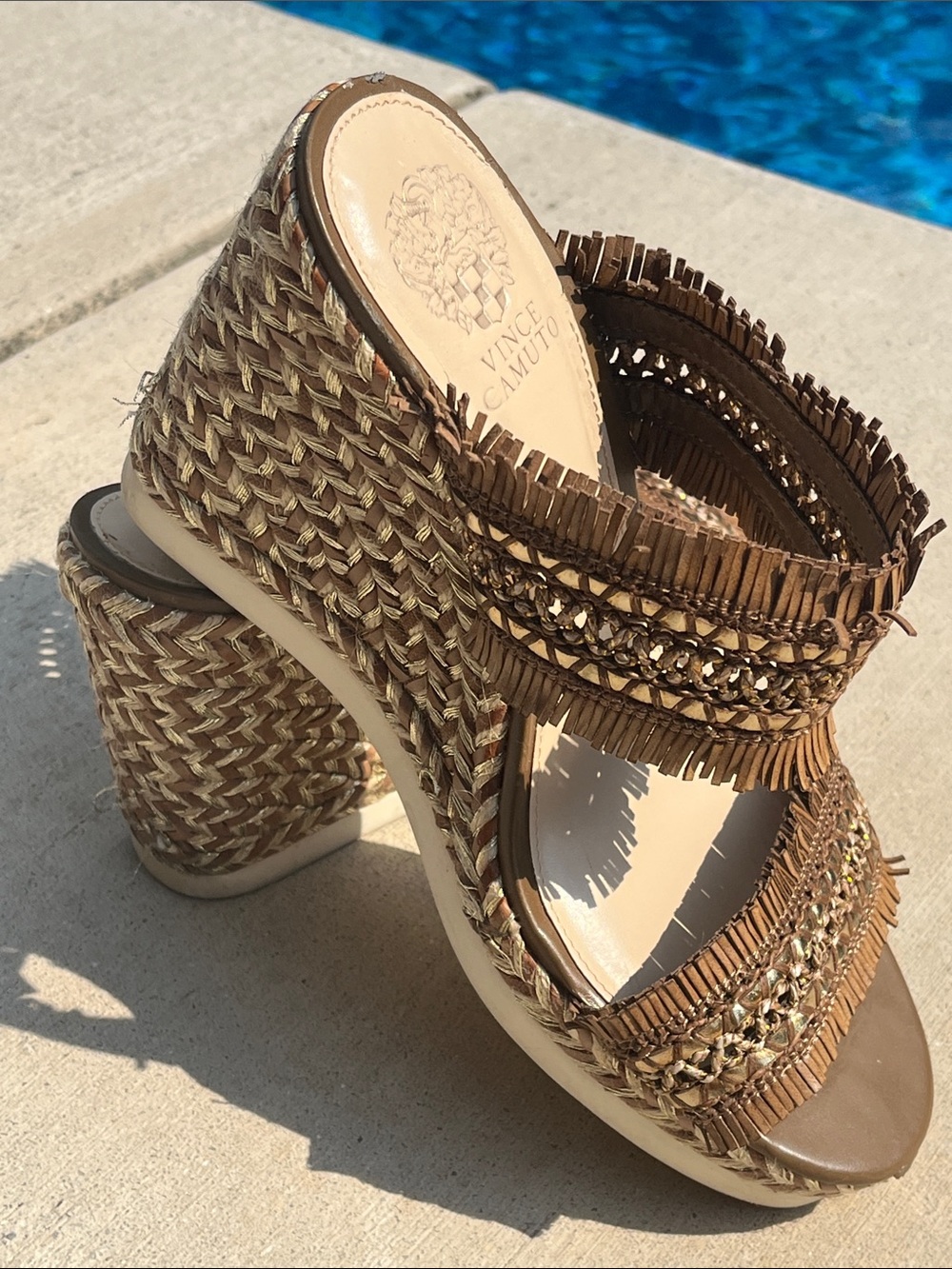 Vince Camuto Woven Fringe Platform Block Heel Slide Sandals Women’s 9 Est - Picture 1 of 9